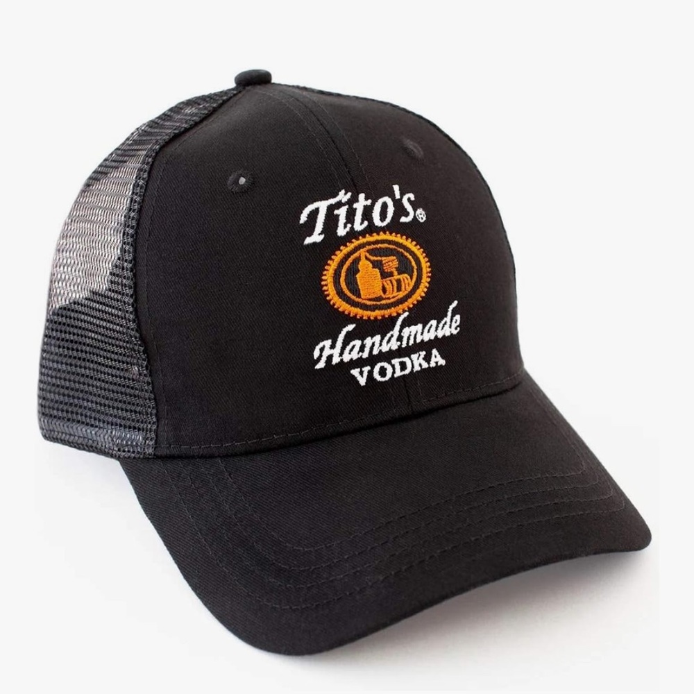Tito’s Vodka Hat Black Cap Mesh Baseball SnapBack Orange Embroidered NWT